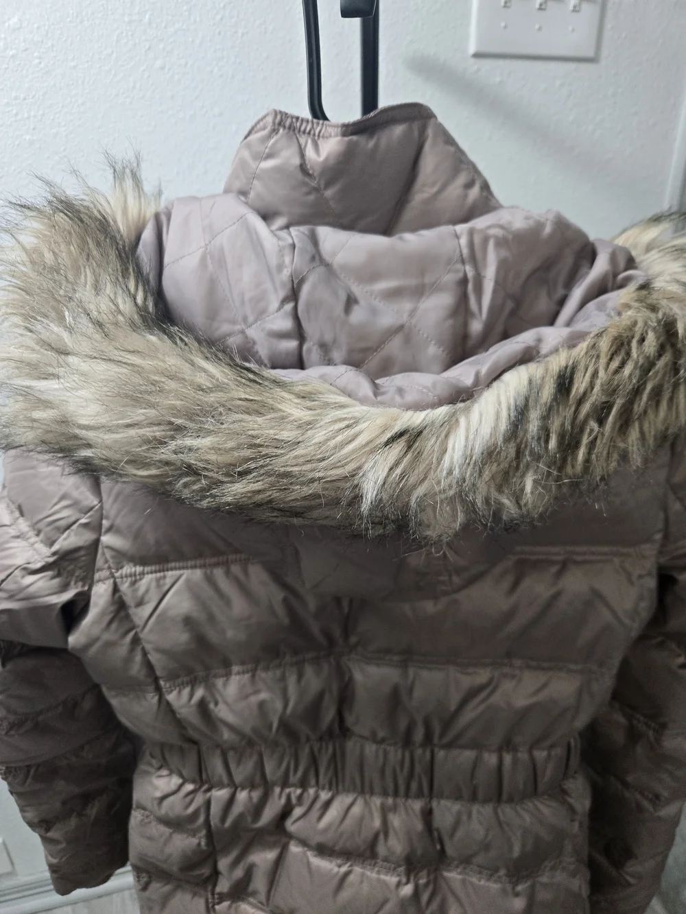 Juicy Couture Women's Taupe Puffer Coat with Faux Fur Trim
